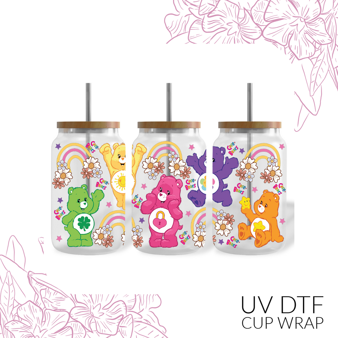 🌸 Care Bear Floral – UV DTF Cup Wrap (2 Styles)