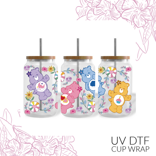 🌸 Care Bear Floral – UV DTF Cup Wrap (2 Styles)